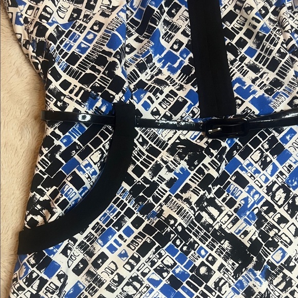 Jessica Abstract Blue and Black Dress with belt sz 10 Petite - Picture 4 of 14